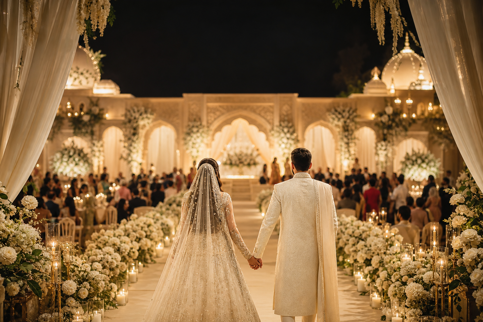 Bride and groom walking toward a candlelit wedding ceremony